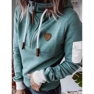 Wanakome Women Teal Green Cowl Neck Hoodie Sweatshirt White Sleeve Pocket Size M